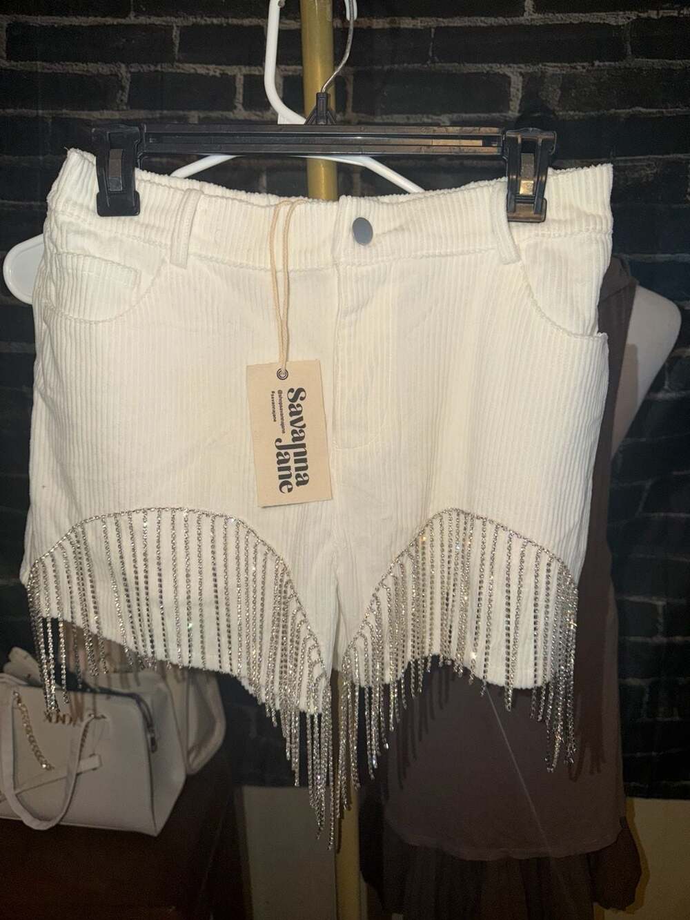 Savanna Jane Ivory Corduroy Rhinestone Fringe Shorts Size M